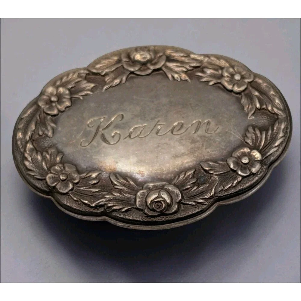 Vintage S. Kirk & Son Sterling Silver Floral Brooch Pin Engraved Karen 14F Oval